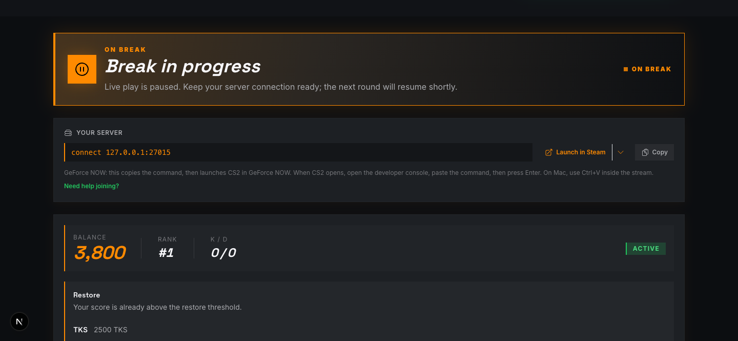 Desktop live page showing the server card, balance, rank, and Top Up controls